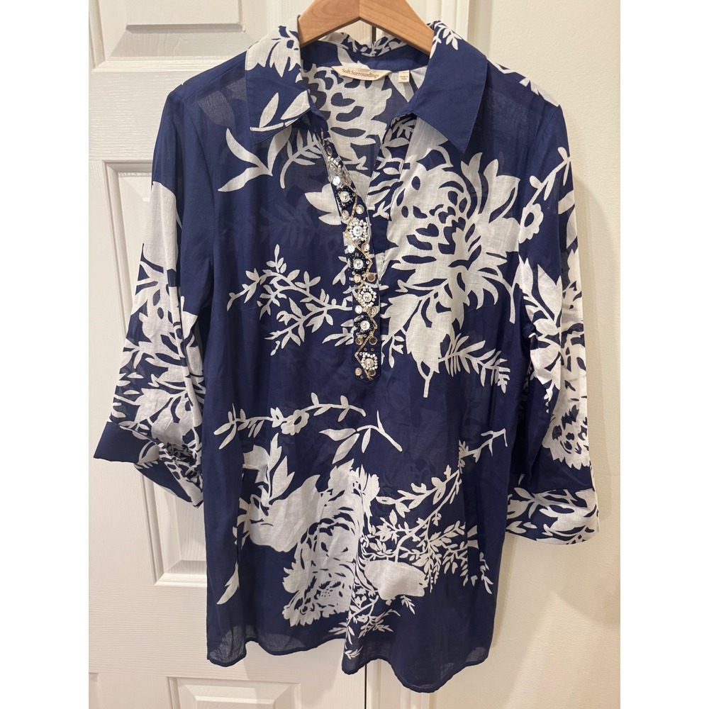 Soft Surroundings Navy White Floral Beaded Cotton Tunic Top 2FT36 Mens‎ Medium